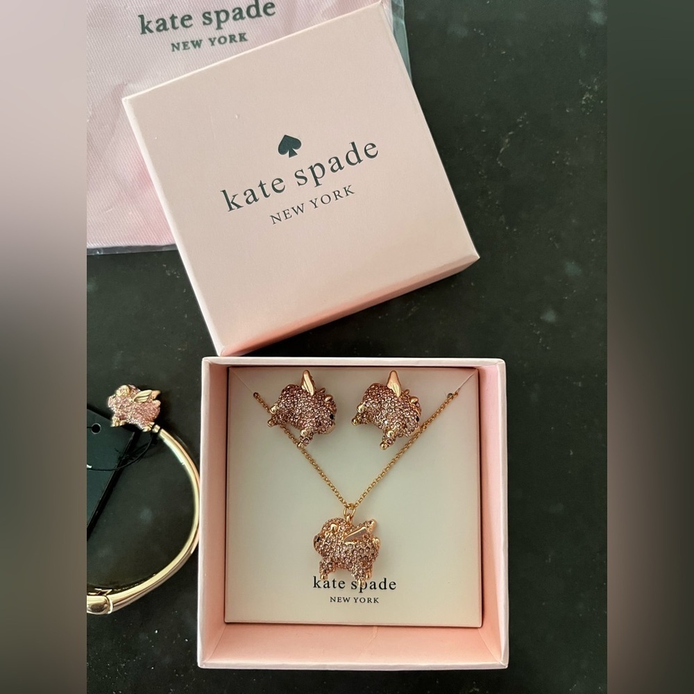 Kate Spade Flying Pig Jewelry Set Necklace Earrings Bracelet Gift Bag Box NWT - Picture 4 of 7